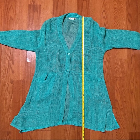 Masai Size S Cover Up Cardigan Mesh Open Weave Knit 2-Buttons Pockets Green - Picture 12 of 12